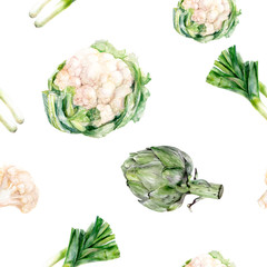 Watercolor hand drawn leek cauliflower artichoke isolated seamless pattern.