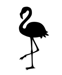 Black silhouette. Cute animal, peach pink flamingo. Cartoon animal character design. Flat vector illustration isolated on white background. Flamingo standing on one leg