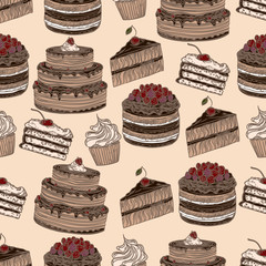 Seamless hand drawn pattern of cakes.