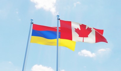 Canada and Armenia, two flags waving against blue sky. 3d image
