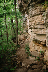 hiking trail under a craning cliff in the forest