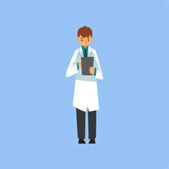 Male Professional Doctor Character Holding Clipboard and Taking Notes on It, Worker of Medical Clinic or Hospital in White Lab Coat Vector Illustration o