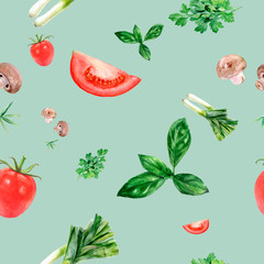 Watercolor hand drawn vegetables isolated seamless pattern.