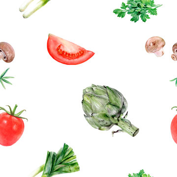Watercolor hand drawn vegetables isolated seamless pattern.
