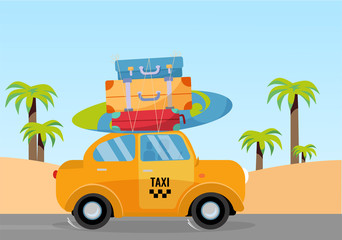 Little yellow taxi car riding along sea coast with stack of suitcases on roof. Flat cartoon vector illustration. Car side View with surfboard. Southern landscape with palms. Taxi transfer on vacation