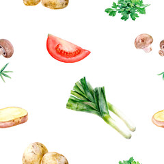 Watercolor hand drawn vegetables isolated seamless pattern.
