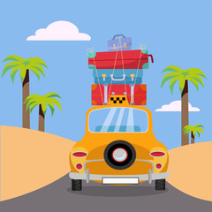 Little yellow taxi car riding to sea coast with stack of suitcases on roof. Flat cartoon vector illustration. Car back View with surfboard. Southern landscape with palms. Taxi transfer on vacation