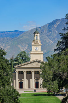 Clock Tower Of The Memorial Chapel In University Of Redlands