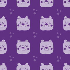 Cute hand drawn vector seamless pattern. Purple teddy bear, closed eyes isolated on  background. Unique abstract texture for invitations, cards, websites, wrapping paper, textile. Animals, wildlife