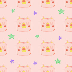 Cute hand drawn vector seamless pattern. Pink teddy bear, star, closed eyes isolated on background. Unique abstract texture for invitations, cards, websites, wrapping paper, textile. Animals, wildlife