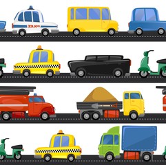 City transport seamless pattern with different types of vehicle and road.Funny city cartoon transport for prints, textile etc. Vector illustration