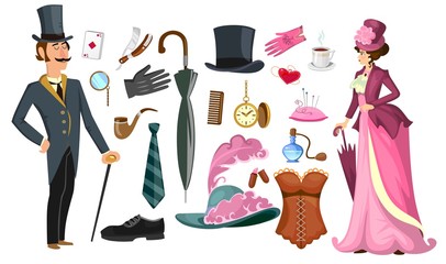 Victorian lady and gentlemen fashion collection in cartoon style. Vintage clothing set corset,shoes, hat, perfume, umbrella, sewing kit, razor etc. Vintage men's women's fashion accessories. 