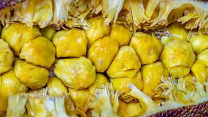 Closeup of cempedak (Artocarpus integer). This fruit is native to South East Asia. It has strong distinctive aroma, sweet and juicy taste