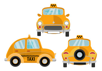 Taxi Car On White Background. Yellow retro cute city vehicle, branding taxicab. Set of 3 Front, back and side views. Vector flat cartoon isolated illustration