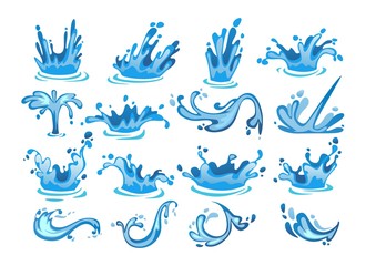 Water splash cartoon set. Colorful water arch, drops, whirls, waves. Water motion collection isolated on white background. Vector illustration.