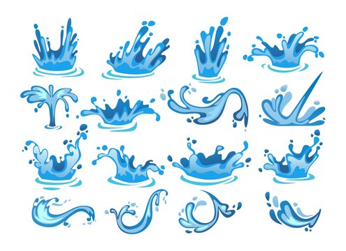 Water splash cartoon set. Colorful water arch, drops, whirls, waves. Water motion collection isolated on white background. Vector illustration.