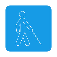 Icono plano lineal ciego andando con bast&oacute;n en cuadrado color azul
