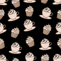 Seamless hand drawn pattern of cake and cappuccino on black background.