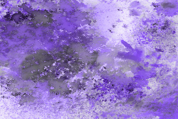 Violet watercolor abstract background with waves and strokes on white paper background. Trendy look. Chaotic abstract organic design.