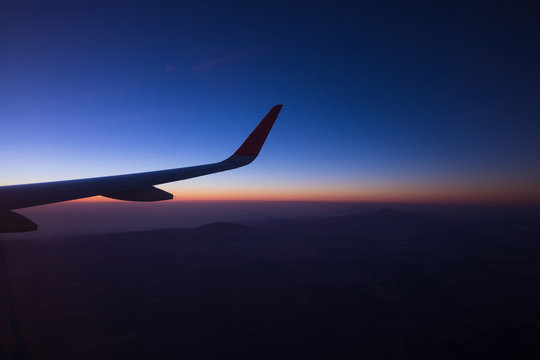 Sunrise On Window Plane Wiew, With Mountains On The Background In The Region Of Cancun