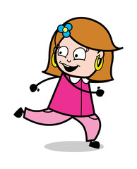 Looking Behing While Running - Retro Cartoon Female Housewife Mom Vector Illustration