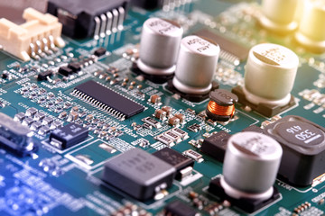 Electronic circuit board close up.