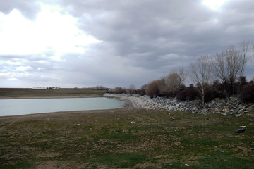 agricultural pond landscape, water descending pond, arid seasons reduced water,