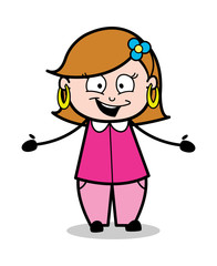Happy Presenter - Retro Cartoon Female Housewife Mom Vector Illustration