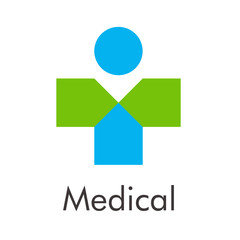 Logotipo abstracto con texto Medical con cruz con círculo en verde y azul