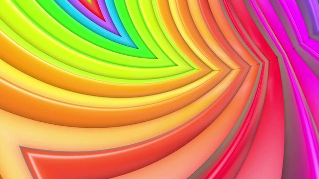 Abstract 3d seamless bright background in 4k with rainbow tapes. Rainbow multicolored stripes move cyclically in simple geometry cartoon creative style. Looped smooth animation. 10