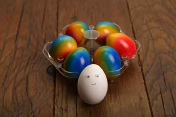 Easter traditions. Compositions with painted Easter eggs.