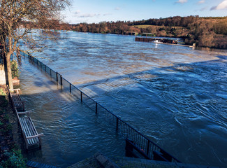 UK flood, Flooded river, overflow of water in the river.