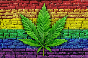 Cannabis leaf on a multicolored, brick wall. Rastaman flag.
