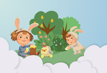 Obraz na płótnie Canvas little girl smile playing with chickens under flowers bush, baby in apron with rabbit ears headband, easter bunny mask for costume vector illustration, spring holiday fun isolated on white
