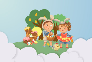 Obraz na płótnie Canvas little girl smile holding in her dress chickens, baby in apron with rabbit ears headband, happy boy easter bunny mask for costume holding basket for hunting eggs vector illustration isolated on white