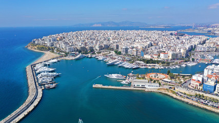 Fototapeta na wymiar Aerial photo of iconic port of Marina Zeas with boats docked, port of Piraeus , Attica, Greece