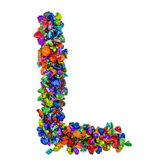 Letter L from colored gemstones. 3D rendering
