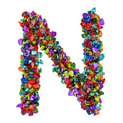Letter N from colored gemstones. 3D rendering