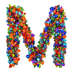 Letter M from colored gemstones. 3D rendering