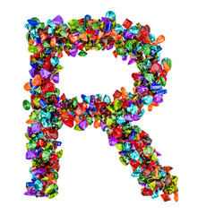 Letter R from colored gemstones. 3D rendering