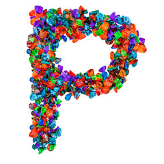 Letter P from colored gemstones. 3D rendering