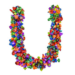 Letter U from colored gemstones. 3D rendering
