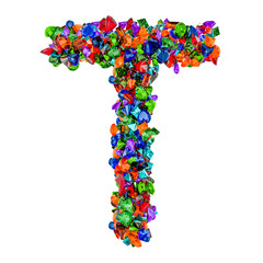 Letter T from colored gemstones. 3D rendering