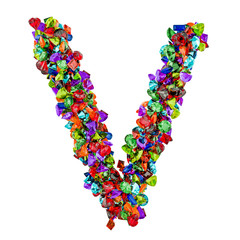 Letter V from colored gemstones. 3D rendering