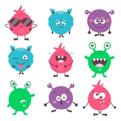 Set of cute cartoon colorful monsters with different emotions. Funny emoticons emojis collection for kids. Fantasy characters. Vector illustrations, cartoon flat style. 