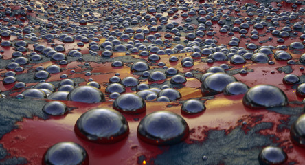 Abstract background of stones and bubbles in abstract red water. Abstract skin of reptiles. 3D Illustration.