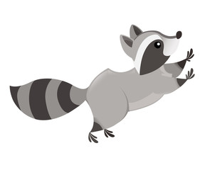 Cute cartoon raccoon jumping, side view. Cartoon animal character design. Flat vector illustration isolated on white background