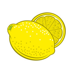 Illustration of Colorful Juicy Stylized Whole and Half Lemon. Icon for Food Apps and Stickers Isolated on a White Background