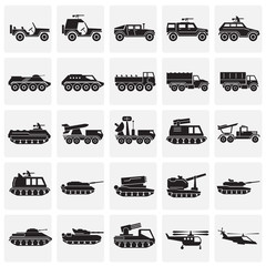 Military vehicles icons set on squares background for graphic and web design. Simple vector sign. Internet concept symbol for website button or mobile app. - 260133703
