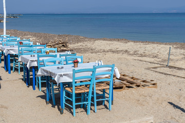 Typical Greek restaurant at the beach of Nea Fokea, Kassandra, Chalkidiki, Central Macedonia, Greece